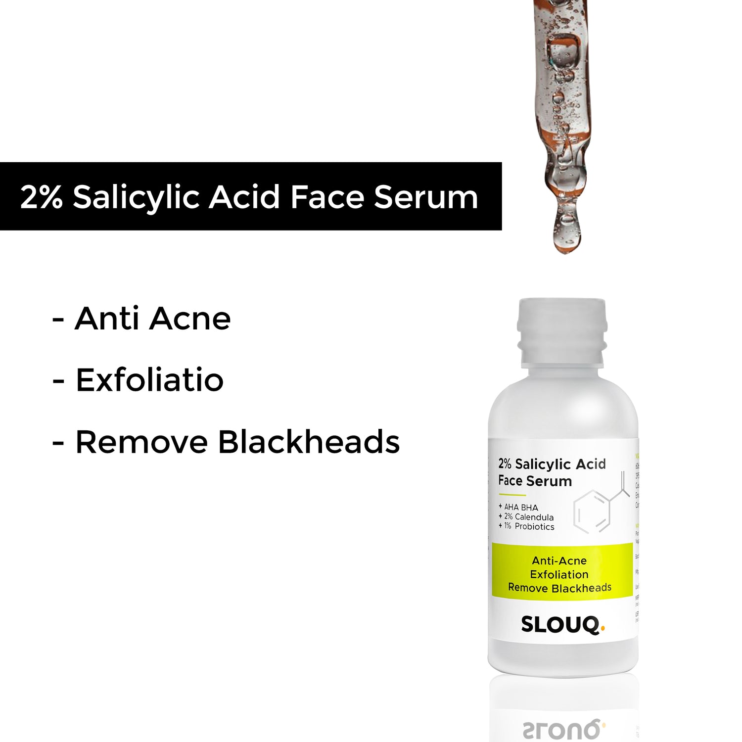 Slouq 2% Salicylic Acid Serum For Acne, Blackheads &amp; Open Pores - Reduces Excess Oil - Best for Acne Prone and Reduces Blemishes - 30ml