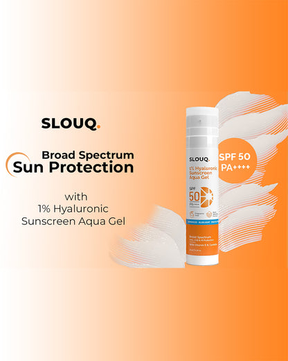 Slouq 1% Hyaluronic Sunscreen Aqua Ultra Light Gel with SPF 50 PA++++ For Broad Spectrum, UVA, UVB,IR &amp; Blue Light Protection - 50g