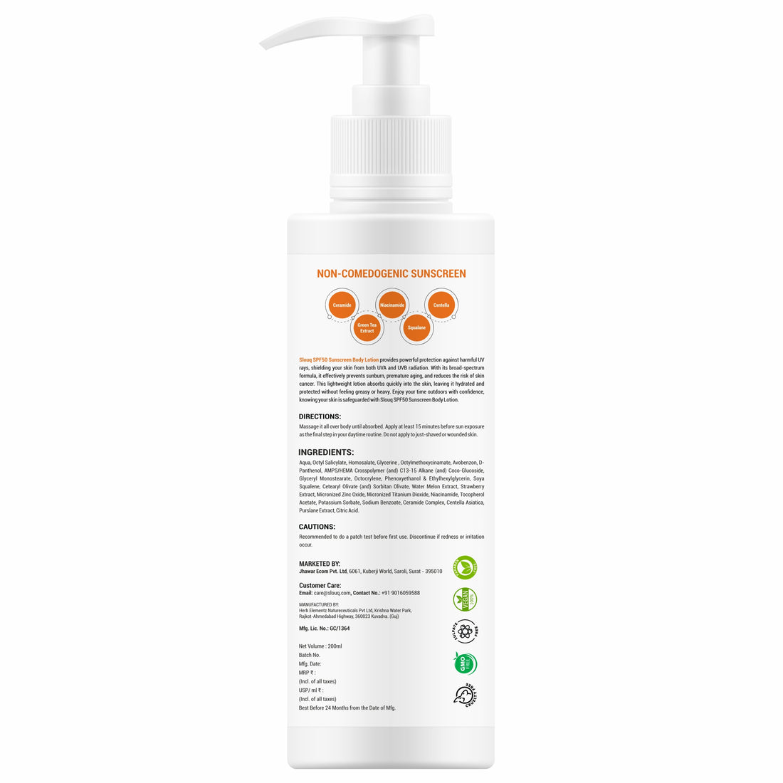 Slouq Sunscreen Body Lotion - SPF 50 - Broad Spectrum - UVA &amp; UVB Protection with No White Cast &amp; Non-Greasy - With Watermelon &amp; Strawberry + Niacinamide &amp; Ceramide- For Men &amp; Women - 200 ml