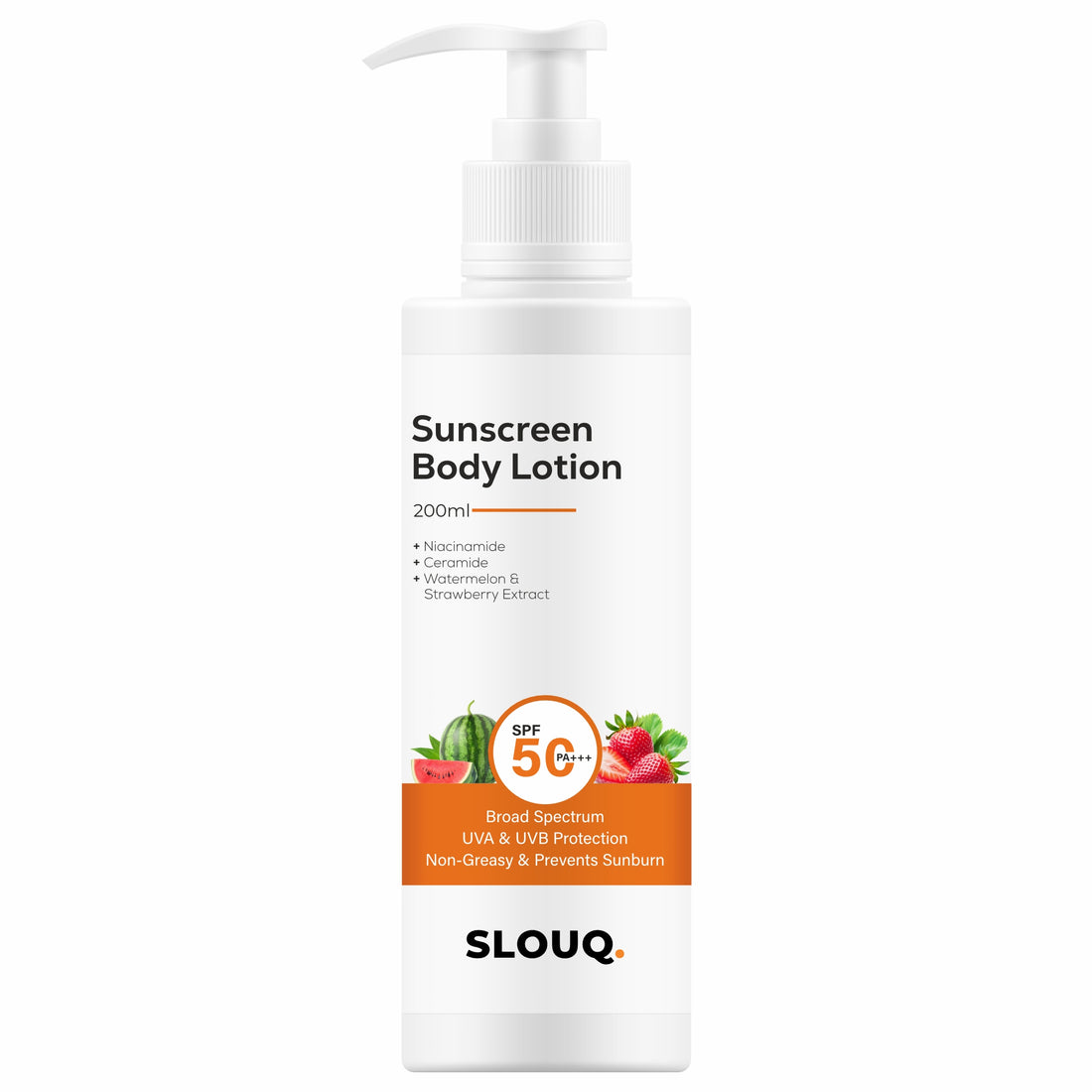 Slouq Sunscreen Body Lotion - SPF 50 - Broad Spectrum - UVA &amp; UVB Protection with No White Cast &amp; Non-Greasy - With Watermelon &amp; Strawberry + Niacinamide &amp; Ceramide- For Men &amp; Women - 200 ml
